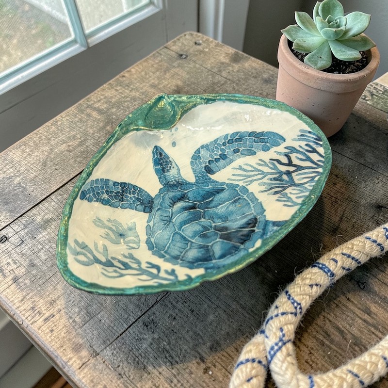 Shell Trinket Jewelry Ring Dish Holder Hand Crafted Decoupage Clam Cottage
