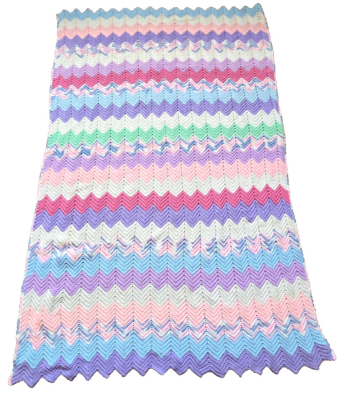 Handmade Chevron Afghan Blanket Pastels Blue Pink Purple Green White 59″ x 84″