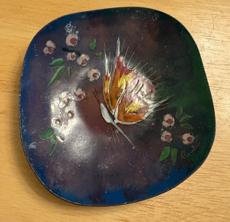 Vintage Enamel on Copper Plate Butterfly Flowers Hand-Painted Signed 4″ Stand