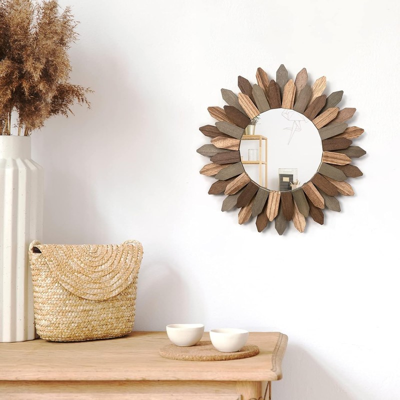 Boho Wall Decor 12 inch Decorative Mirror with Rustic Wood Sunburst Frame gallery