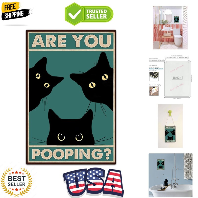 Funny Black Cat Wall Art - "Are You Pooping?" Vintage Bathroom Decor Poster -...