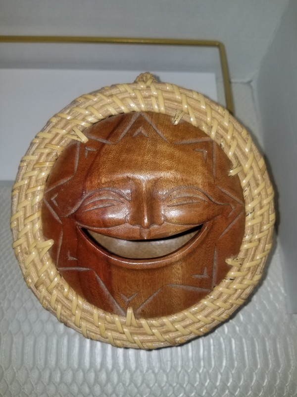 Wicker Basket 5 In Tall 6 In Wide Wood Lid Face On Top. Wood On Bottom Basket .