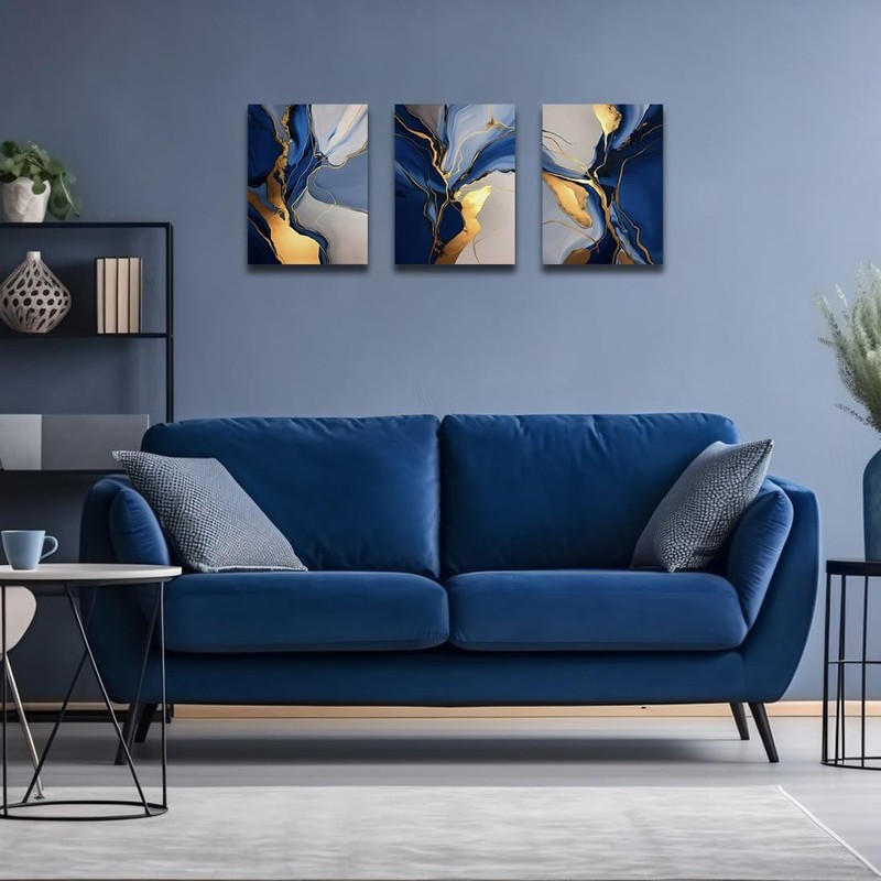 Blue Abstract Canvas Prints Wall Art Decor- Blue and Gold Artwork Paintings P... gallery