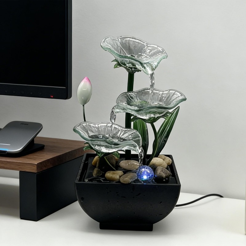 AOZITA Tabletop Water Fountain,3-Tier Transparent Glass Lotus Leaf Zen Founta...