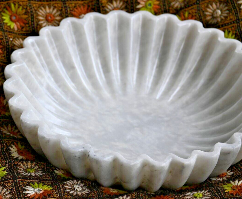 Antique Ziarat White Marble Hand Carved Fluted Round Bowl, Diameter: 12″ & H: 3″