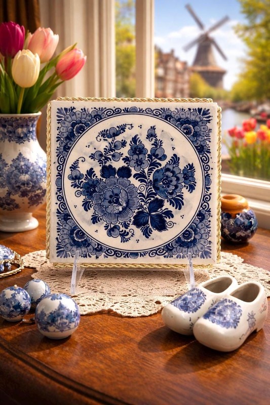 Vintage Delft Tile Trivet Handpainted Blue White Floral Brass Frame
