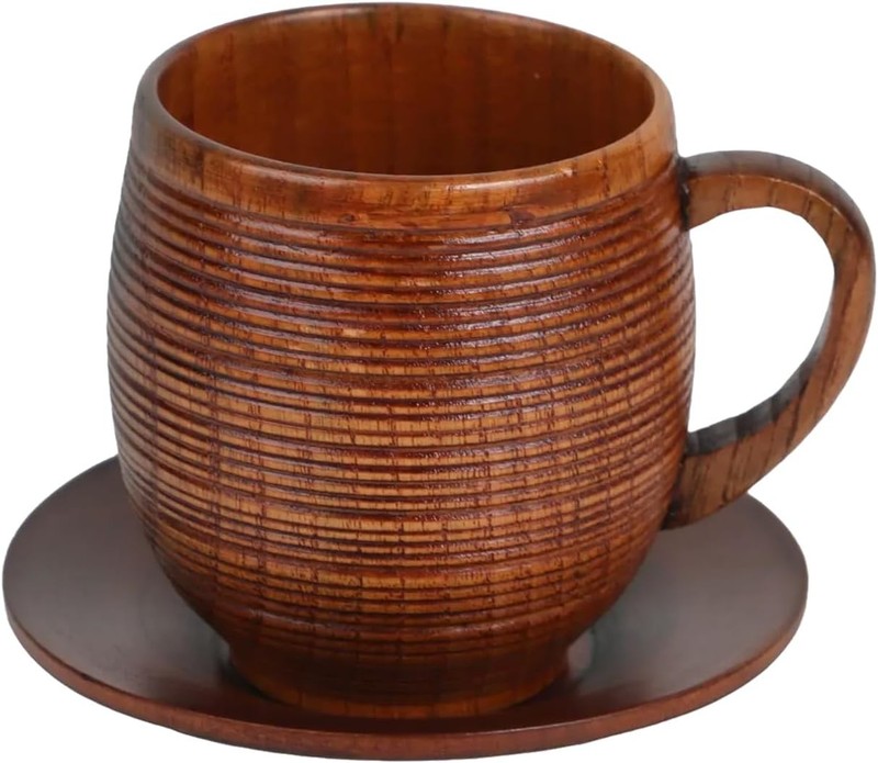 Wooden Mug Cup and Coaster Set, Sour Jujube Wood Cup with Handle & Saucer,