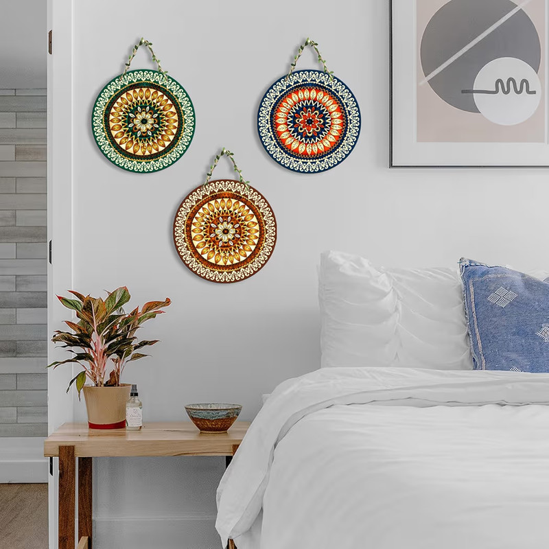 3Pc Round Wooden Wall Hanging Plaque Set Leaf Mandala Boho Art Medallion Decor gallery