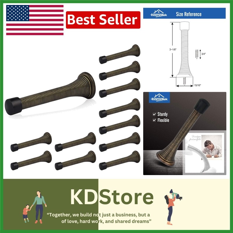 Easy Install 12 Pack Wall Door Bumpers – Antique Brass, 3-1/8″ Spring Design