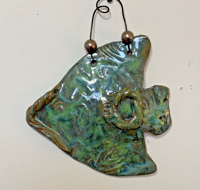 Ceramic Blue Green Glazed Fish Art Pottery Stoneware Hanging Plaque