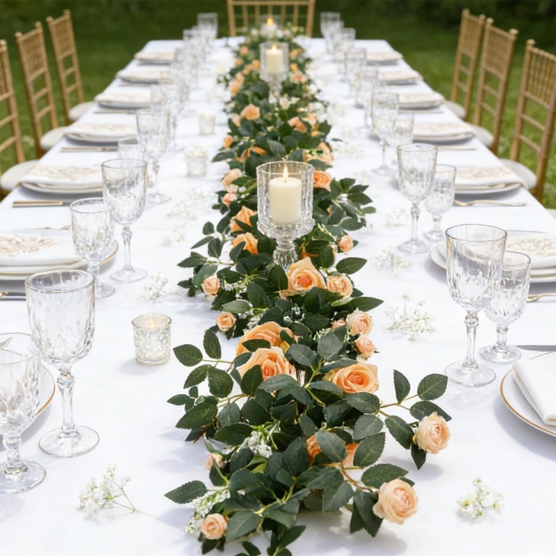 2 Pack 11.2 Ft Artificial Flower Garland with Champagne Roses, Realistic Fake... gallery