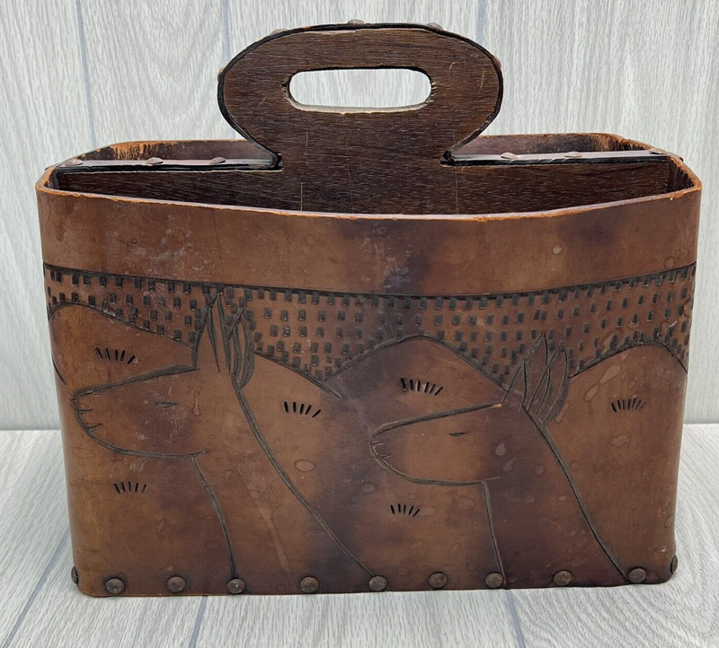 Vintage Hand Tooled Leather Magazine Holder With Handle Peru