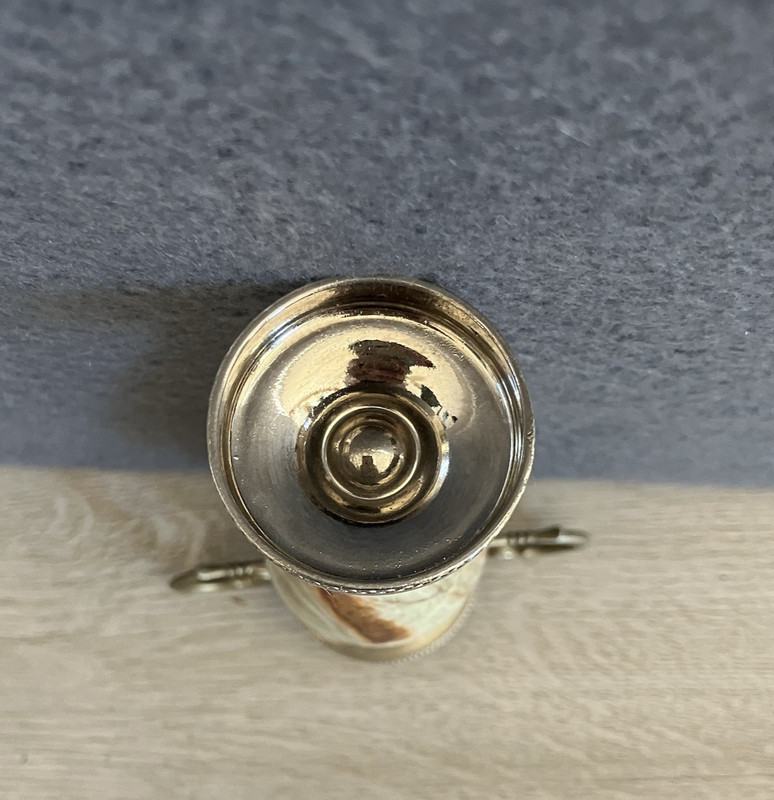 Vintage Miniature Onyx Marble And Metal Double Handle Vase Multicolored 5 Inch gallery