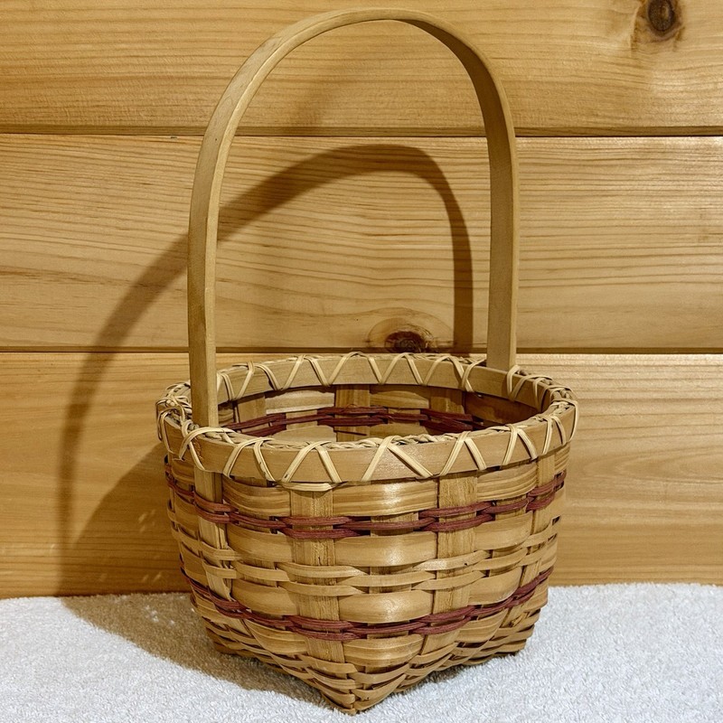 Vtg Longaberger Style Wicker&Wood 2 Tone Basket Country Handle Red Natural Round