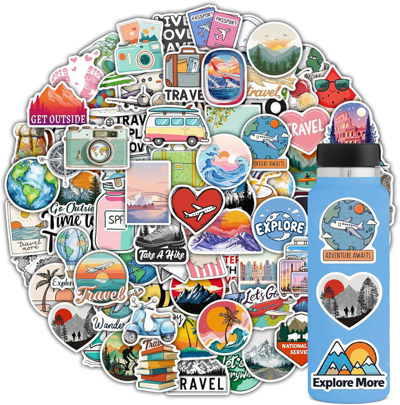 Adventure Travel Stickers 102PCS Waterproof Decals for Water Bottles and Bikes