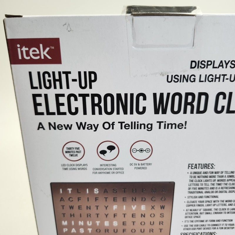 iTek Light Up Electronic Word Clock Text Battery USB 5V DC Powered Sharper Image gallery