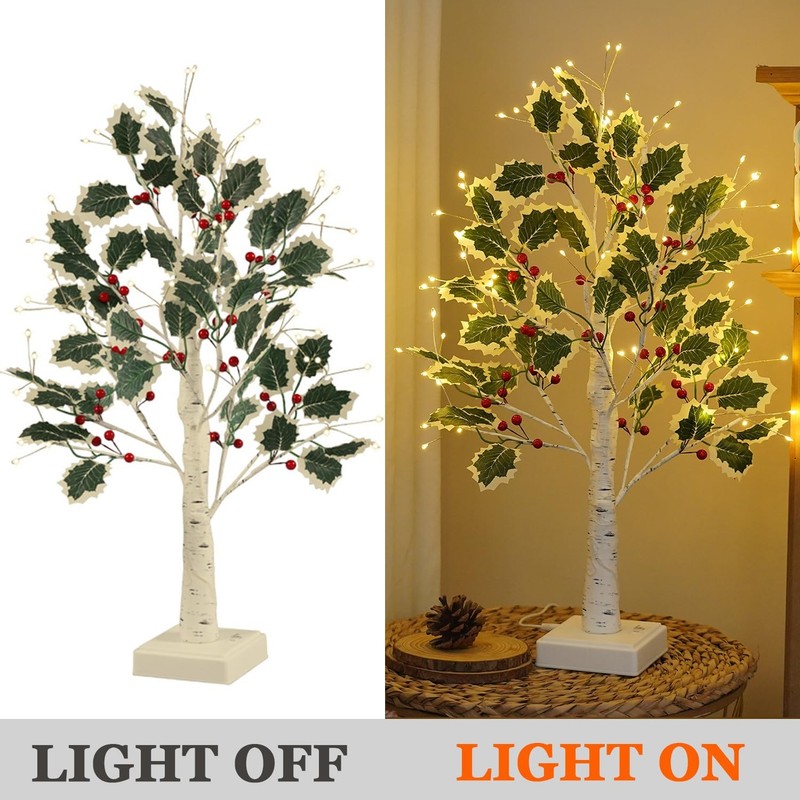 Lighted Birch Trees with Red Berries for Indoor Decor, 24”2FT White Birch Tre... gallery