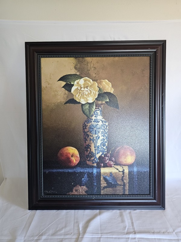 Framed Floral Still Life Print Flowers in Vase With Fruit Vertical 34×27