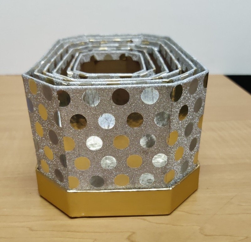 6 Nesting Gift Boxes Gold Dots on Silver Glitter Background Gold Lids gallery