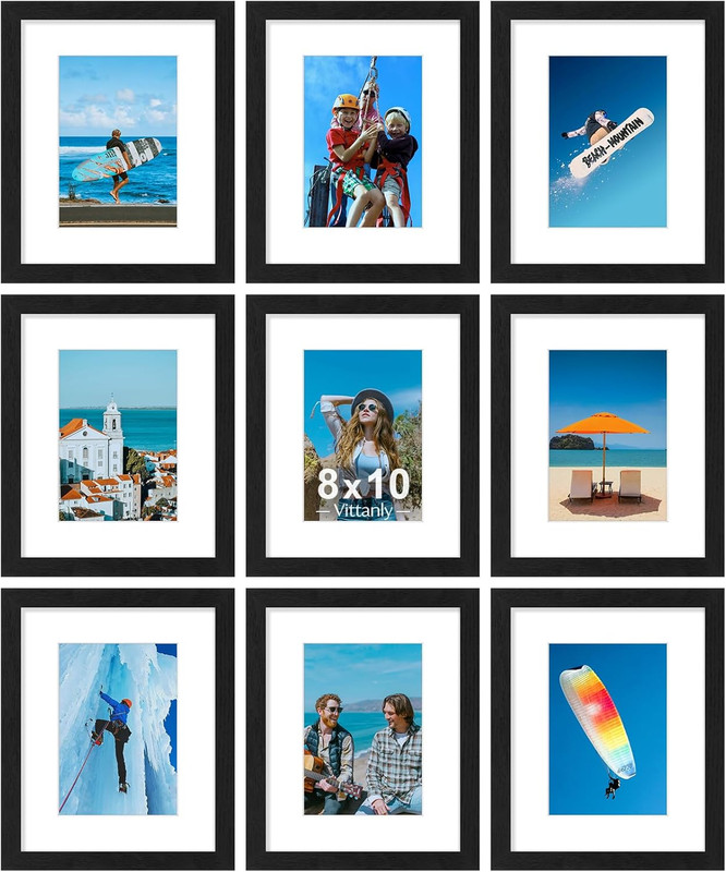 8X10 Picture Frames Set of 9, Shatter Resistant Plexiglass, Display 5X7 Pictures