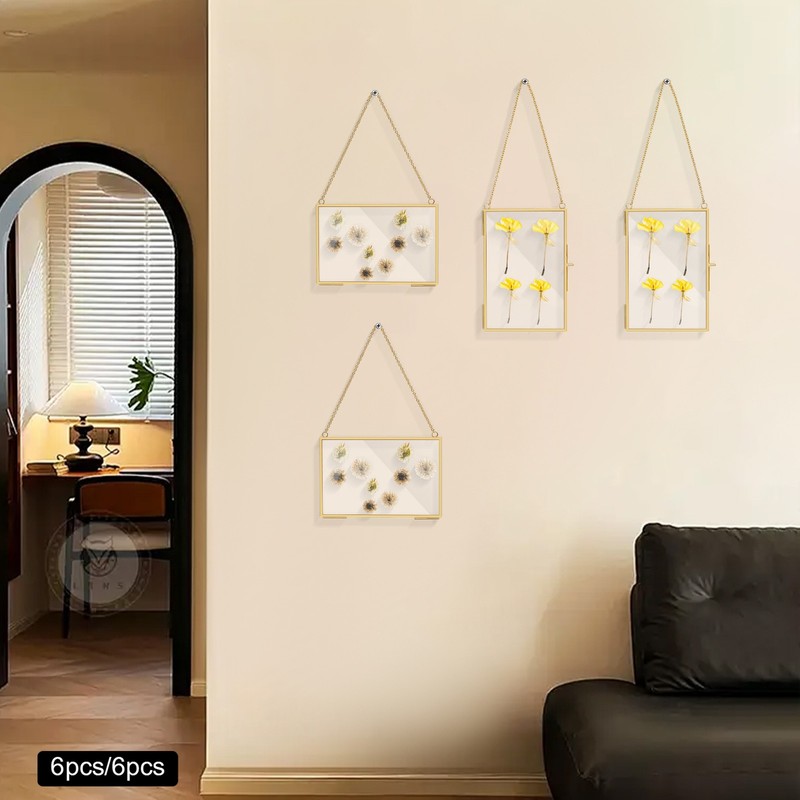 12 Pcs Gold Hanging Brass Glass Frames For Pressed Flowers And Artwork Display