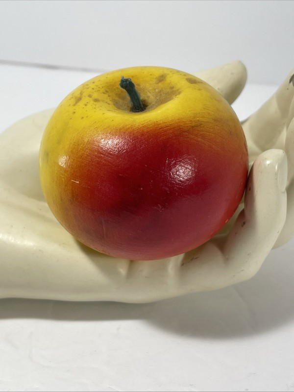 Apple Antique Italy Alabaster Stone Fruit Red Yellow Wood Stem Handpainted 9″