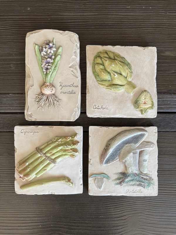 Vintage Hen-Feathers Botanical Wall Plaque Set of 4 Asparagus Hyacinth Artichoke