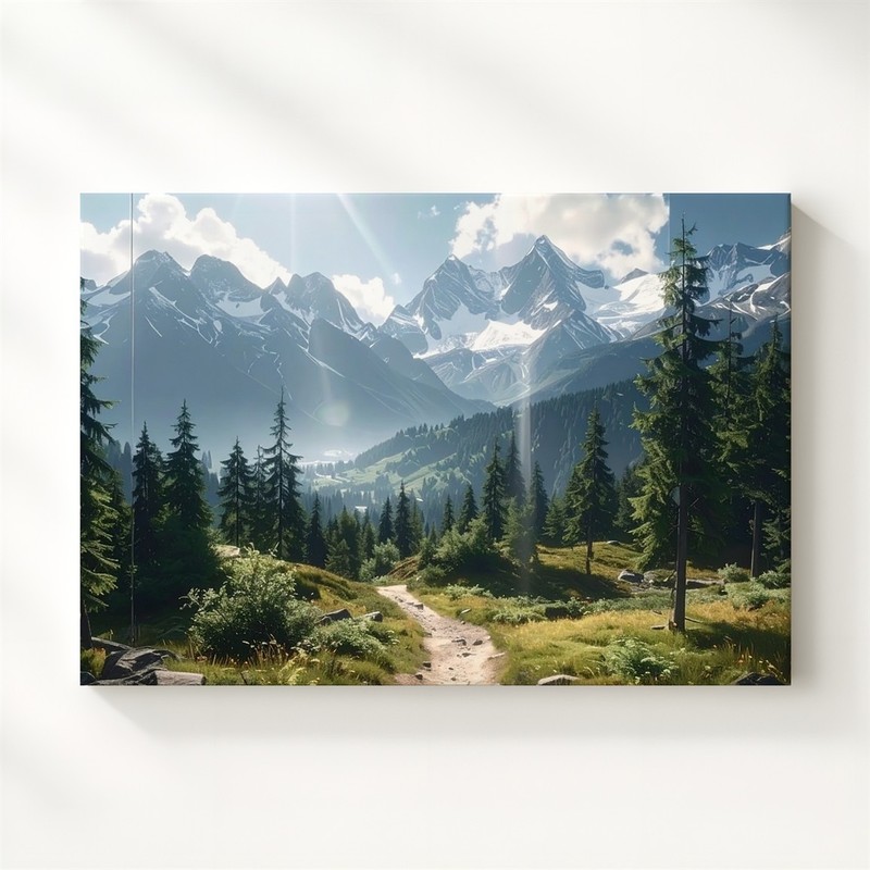 Sunlit Mountain Trail Canvas Realistic Pine Valley & Snow-Capped Peaks Wall Art