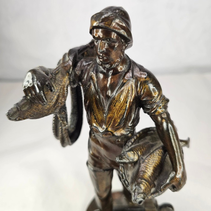 Vintage Bronze Fisherman Statue with Fish and Duck on Anchor Base