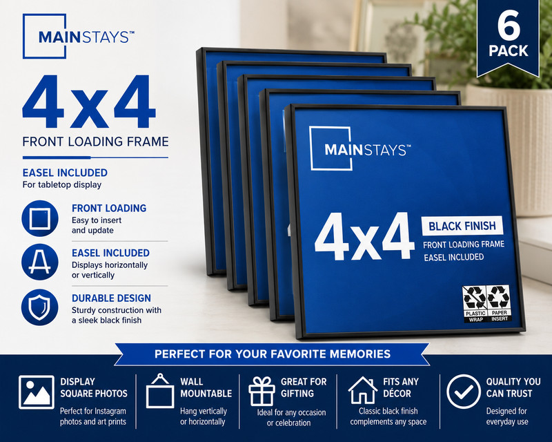 (6 pack) Mainstays – 4×4 Picture Frame – Black Front Loading Wall or Tabletop Ph