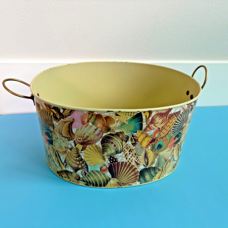 Seashell Metal Bucket Tub Basket 2 Handle Oval Tan Multicolor Storage Home Decor