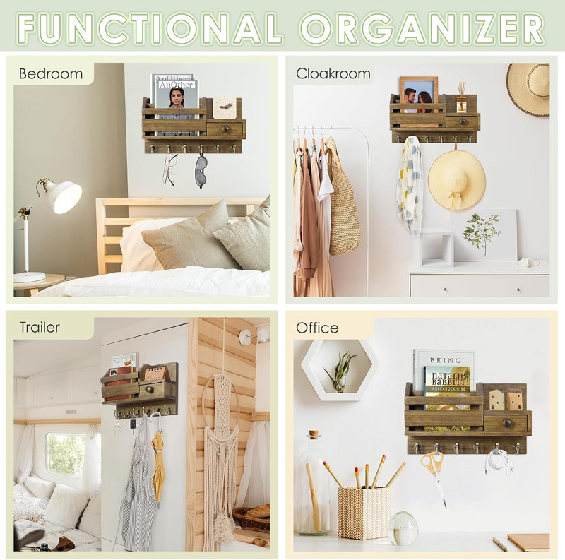 VIS'V Key Holder Wall Mount, Wooden Mail and Key Organizer with Drawer and Shelf gallery