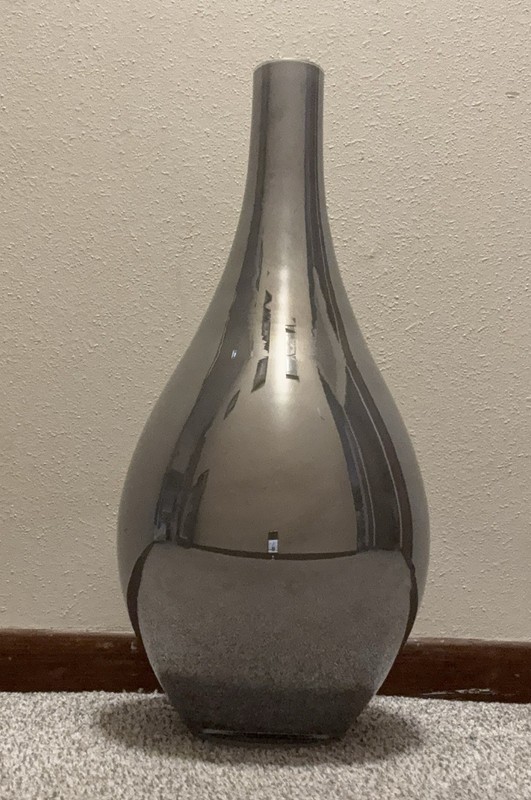 Crate & Barrel Alba Vase Metallic Gray Teardrop Art Glass Statement Decor 18”