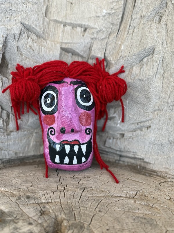 Handmade Paper Mache Pink Mess Red Hair Wall Mask