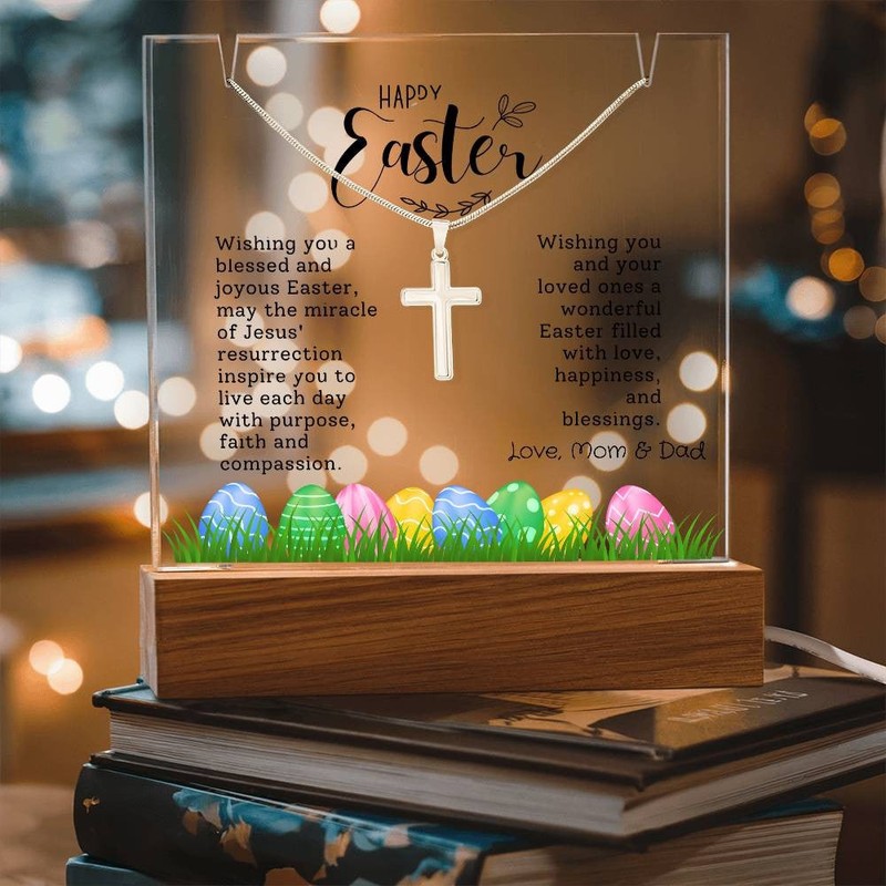 Personalized Easter Cross Necklace with Lighted Acrylic Sign, Easter gift