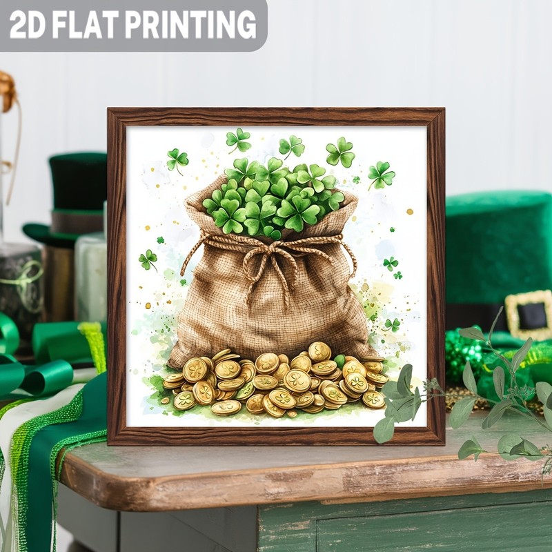 Rustic St. Patrick’s Day Shamrock Decor Framed Gold Coins Clover Bag Sign Gift