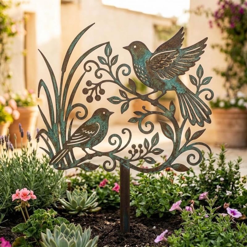 Patina Birds Garden Stake, Verdigris Songbird Yard Decor Gift