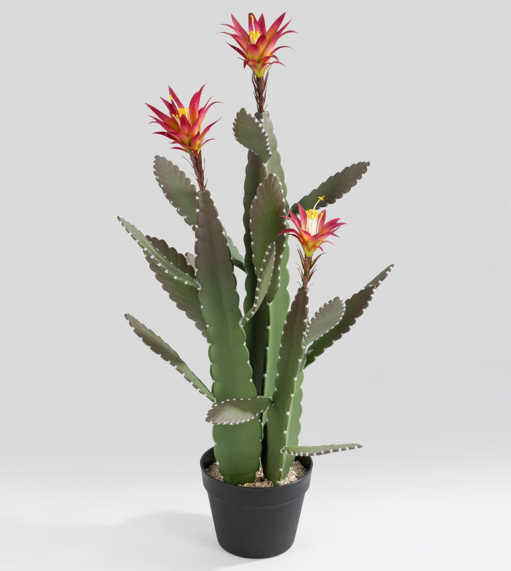 Large 33″ Faux Cactus with Magenta Flowers – Realistic Indoor/Outdoor Decor