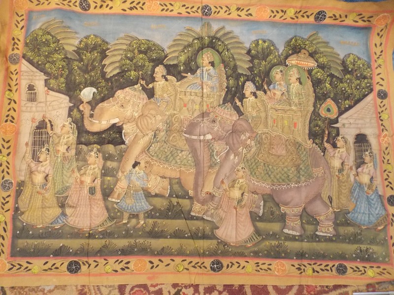 Hand Painted India Royal Procession Dancers Elephant Cotton Batik Wall Hanging