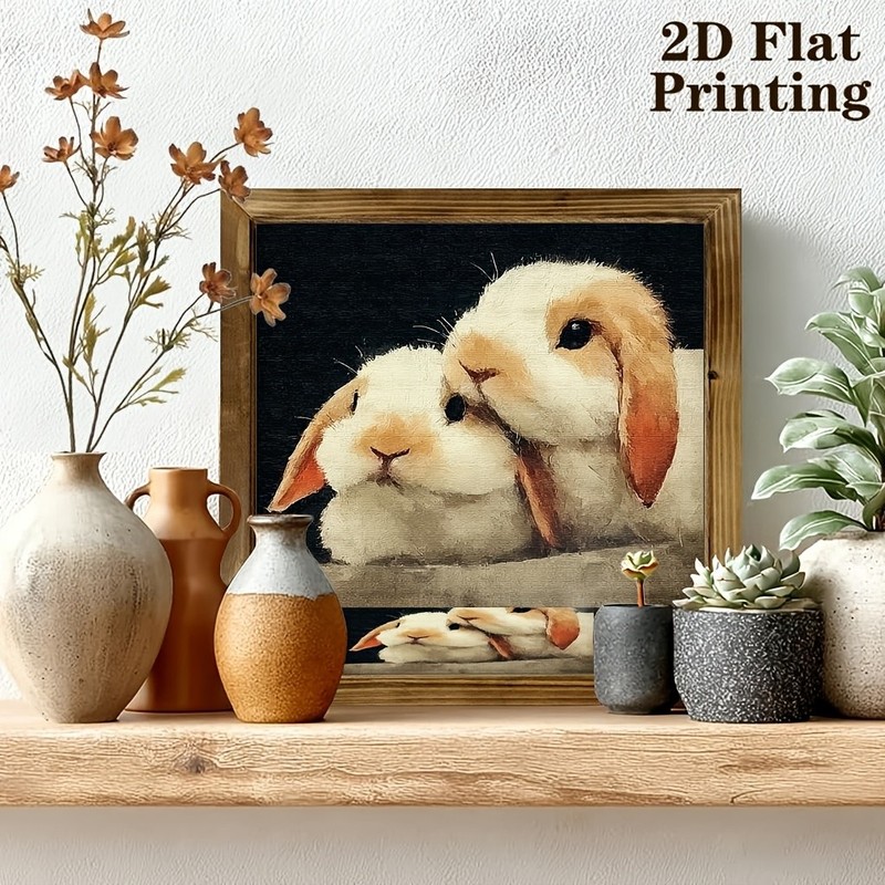 Antique Textured Canvas White Tan Rabbit Couple Rustic Wall Wooden Plaque Gift gallery