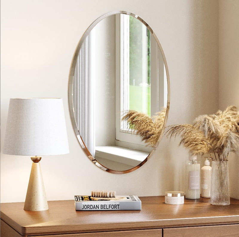 Frameless Oval Bathroom Mirror 24″x16″ with Beveled Edge – Versatile Design