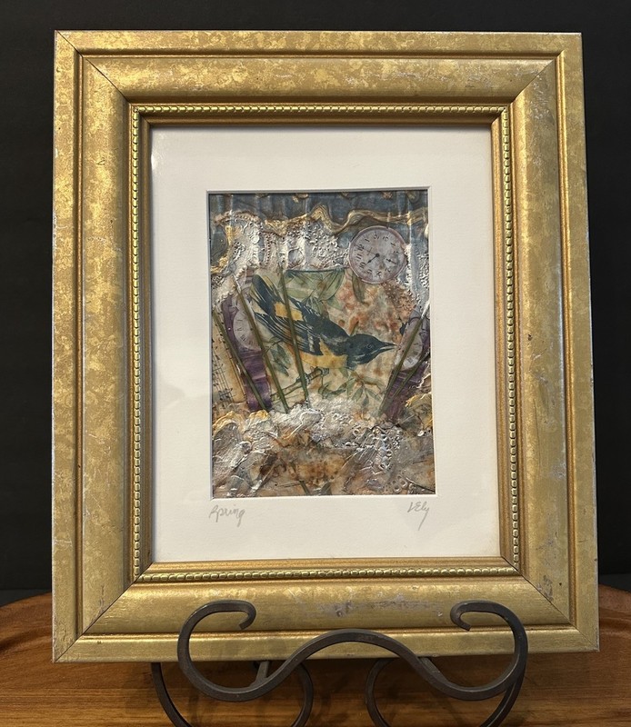 Linda Ely Mixed Media 3D Collage “Spring” Bird Clocks Textured Framed Art 11×14