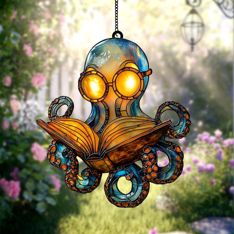 Reading Octopus Acrylic Suncatcher – Cute Nerdy Sea Creature with Book gallery