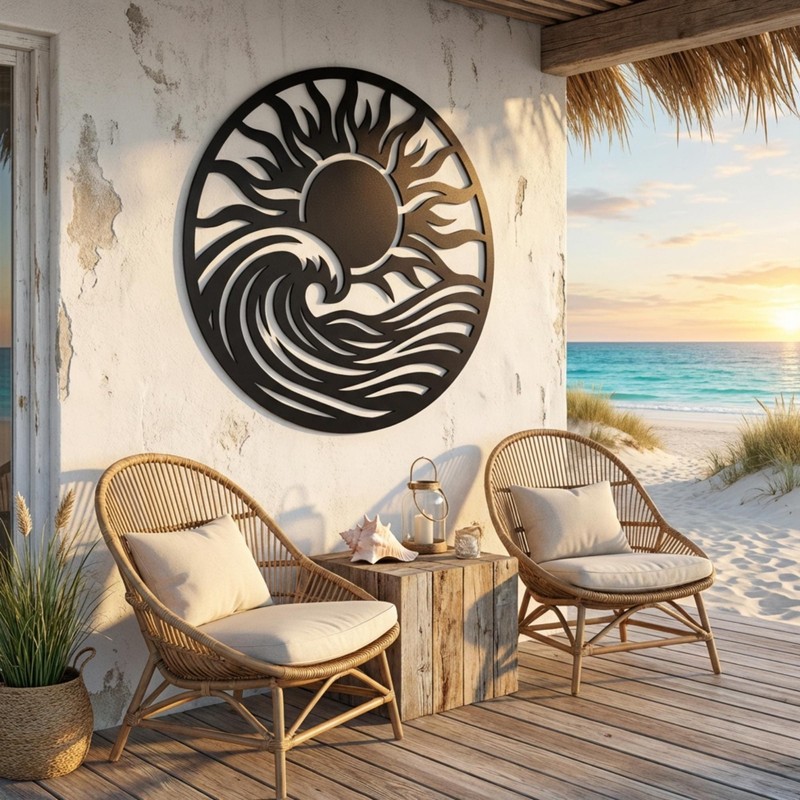 Sun and Wave Metal Wall Art, Coastal Sunset Circle Decor, Boho Beach Ocean Wave