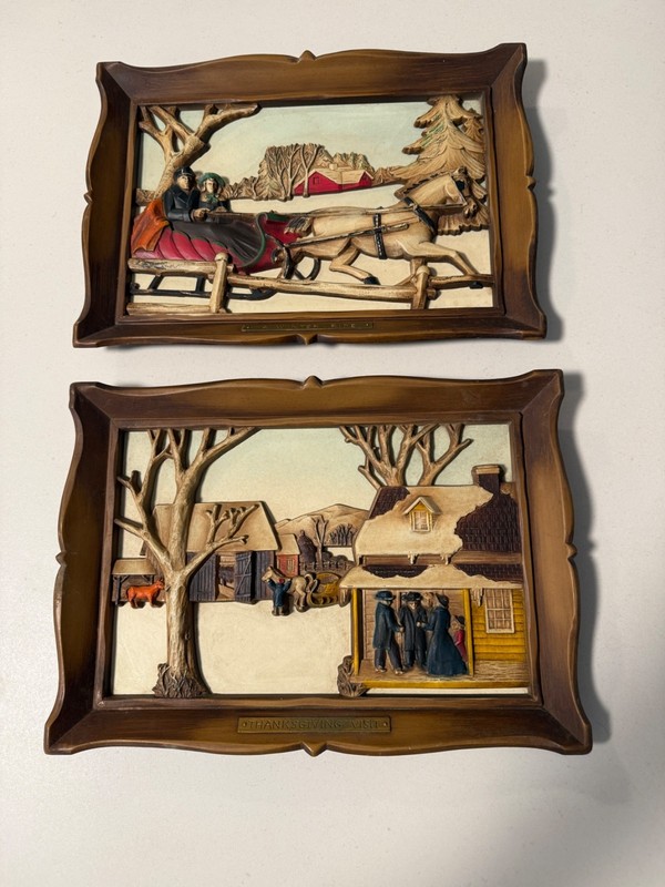 Vintage 1940s Americana Folk Art Relief Wall Plaques “A Winter Ride” & “Thanksgi