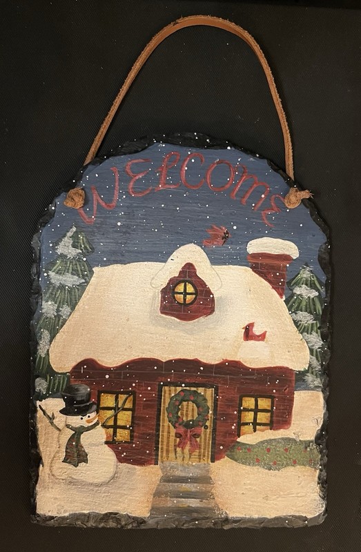 Hand Painted Welcome Sign Slate Winter Scene Snowman Cabin Christmas Wreath 6×8”