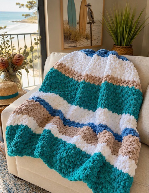 Handmade Chunky Knit Blanket 44×44 Teal White Tan Blue Cozy Throw FREE SHIPPING!