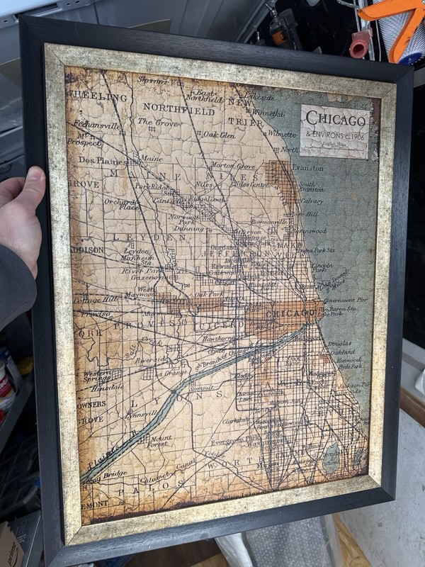 Framed Antique Style Chicago Map Poster Large Vertical Beige Black Home Decor