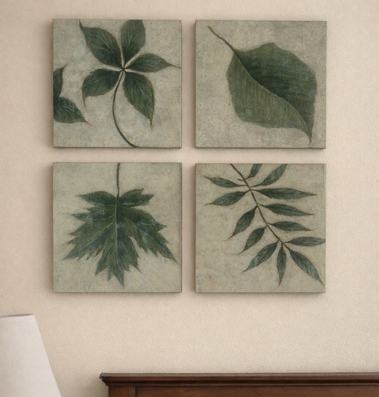 Leaf Botanical Canvas Pictures Set Of 4 Hand painted, 12X12X2 Home Decor Wall