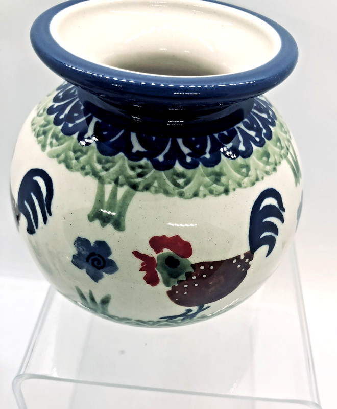 Polish Pottery Round Vase P320 Good Morning Rooster Unikat Green Blue Red Brown